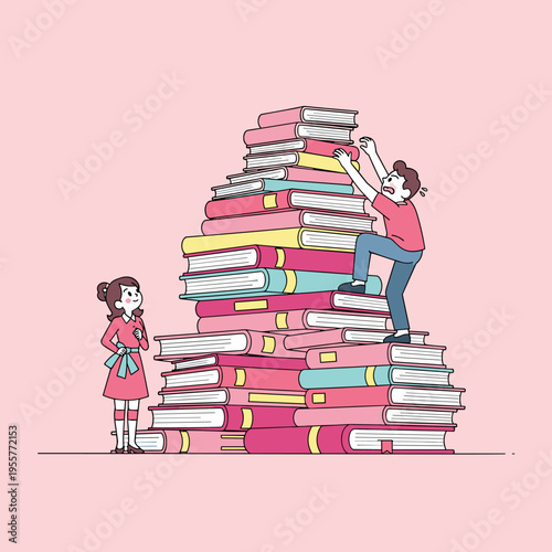 Kids climbing giant stack of books fun education journey concept illustration