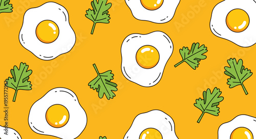 Fried egg seamless pattern with herbs on bright yellow background