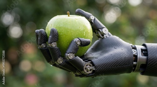 Robotic bionic hand holding a green apple