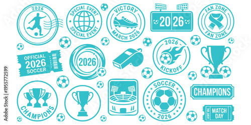 Soccer championship 2026 event icons set with trophies, balls, and stadium vector illustration
