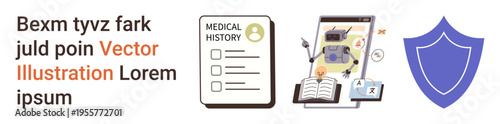 Artificial intelligence, digital healthcare, cybersecurity, medical data protection, healthcare technology, online safety. Robot interacting with medical files and a shield. Digital healthcare