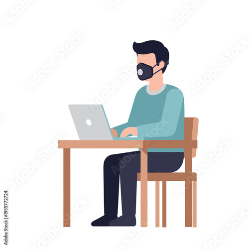 Man wearing protective face mask working on laptop computer at desk flat vector illustration