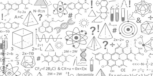Seamless pattern of hand drawn chemistry and physics science doodles on white background vector illustration