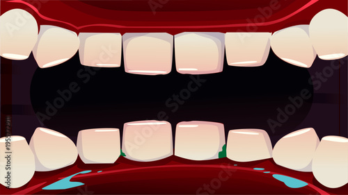 Cartoon illustration teeth and gums, viewed from inside the oral cavity. Detailed depiction of dental structure with saliva and slight plaque buildup