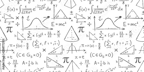 Seamless pattern with hand drawn mathematical formulas and geometric shapes on white background vector illustration