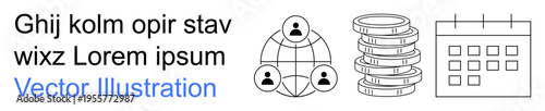 Business strategy, data analysis, communication systems, financial management, teamwork, scheduling. Network diagram, stack of coins and calendar design. Business strategy and data analysis
