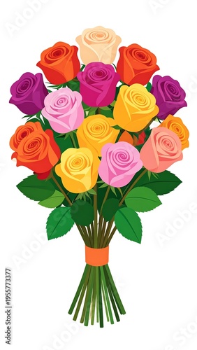 A vibrant, colorful illustration of a bouquet of roses in various hues tied with an orange ribbon. Green leaves provide contrast