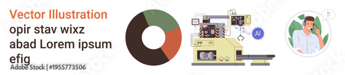 Artificial intelligence, automation, industry 4.0, data analysis, communication, and remote support. A pie chart industrial machinery with AI and a person on a call. Automation and artificial