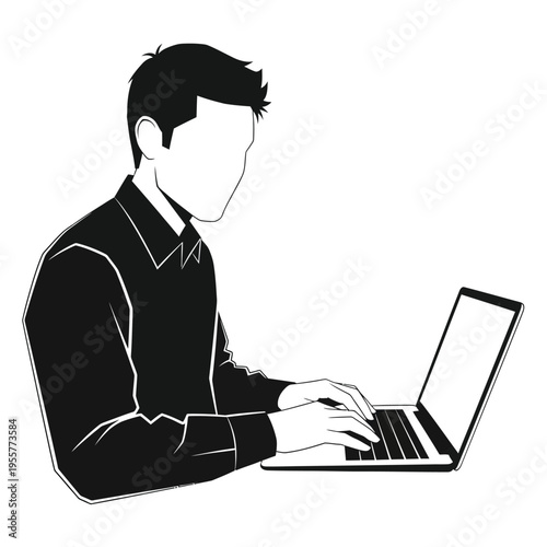 Side view man typing on laptop computer working studying remotely or freelancing