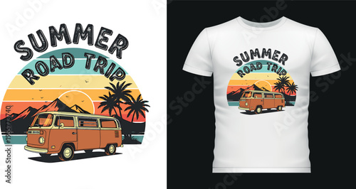 Summer road trip vintage van t shirt design with retro sunset scene