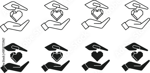 Charity donation vector icon set with hands giving heart symbols, outline and solid care support illustrations, humanitarian aid concept isolated on white background.