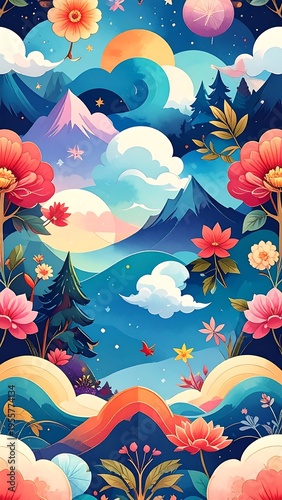 A vibrant, colorful illustration of a whimsical landscape featuring mountains, clouds, flowers, and celestial bodies. Dreamy and enchanting