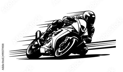 Black silhouette of superbike motorcyclist leaning into corner on track high speed stunt vector graphic art
