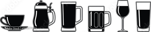 Beverage glassware vector icon set with coffee cup, beer mugs and wine glasses, drink collection silhouettes for cafe bar menu isolated on white background.