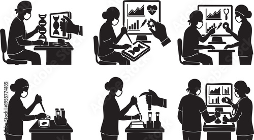 DNA double helix research silhouettes set featuring geneticists and medical scientists analyzing genome structures and molecular biology in laboratory research