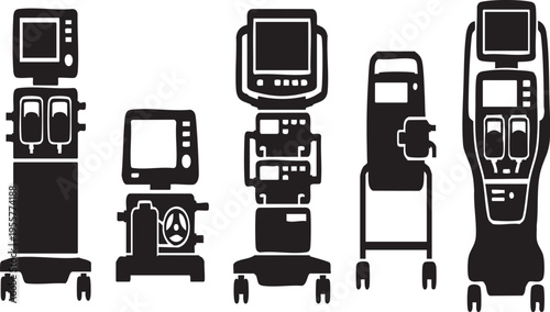 ECMO Console Silhouette Icon Set; Extracorporeal Membrane Oxygenation Vector Illustrations