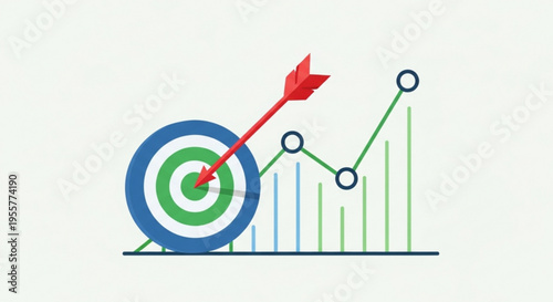 A vector graphic illustration of a target with an arrow hitting the bullseye next to a growing bar chart and line graph, symbolizing business success and goal achievement.