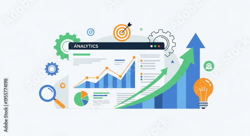 A colorful vector graphic illustration of business analytics and data visualization with various charts and icons
