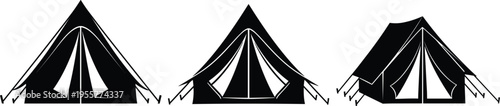 Camping tent silhouette vector set with different outdoor shelter shapes, travel and adventure equipment icons, minimalist black campsite elements isolated on white background.