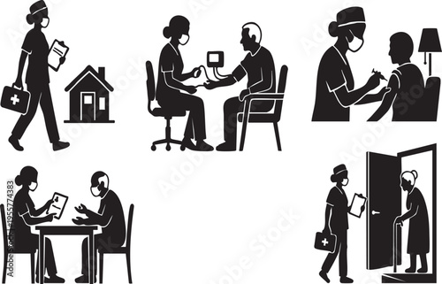 Home Health Nurse House Call Vector Silhouette Set - Elderly Care Icons