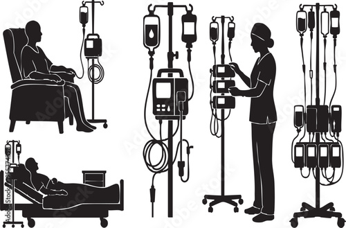 Infusion Pump and IV Therapy Silhouette Set Chemotherapy Treatment and Hospital Nursing Icons