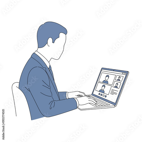 Man in suit typing on laptop during online video conference with colleagues