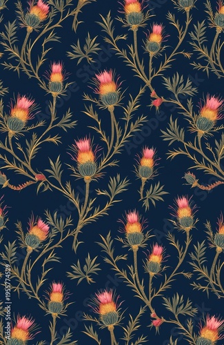 Thistle flowers with pink and yellow blooms have gold stems and green leaves on a dark blue background. This seamless pattern resembles vintage wallpaper or fabric.