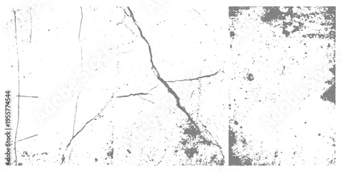 Minimalist grayscale texture sheet featuring set of grunge distressed surfaces, fine scratches, dust speckles, cracks, and grunge noise abstract damage  background.