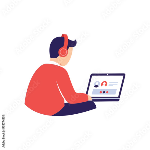 Young person with headphones on laptop participating in video conference call online