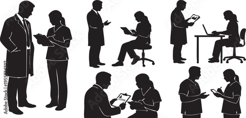 Medical Scribe Silhouette Set; Physician Note Taking, Documentation, and Doctor Consultation Icons