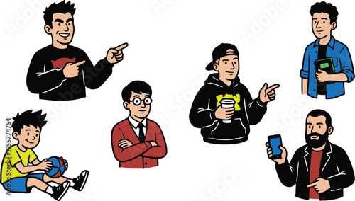 Flat design characters group of six men with casual poses and colorful clothing