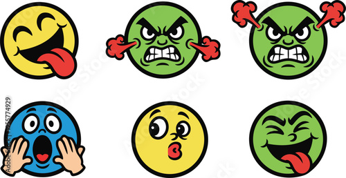 Cartoon emoji faces six colorful round expressions with tongue steam shocked and kissing
