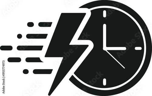 A black and white icon depicting a clock face with a lightning bolt overlay and speed lines