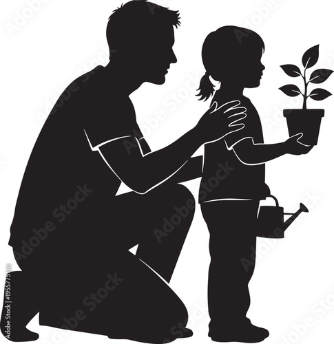 Father and child planting a plant together, black silhouette on white, teaching growth and responsibility