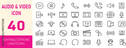 Multimedia equipment and entertainment line icons for digital tech