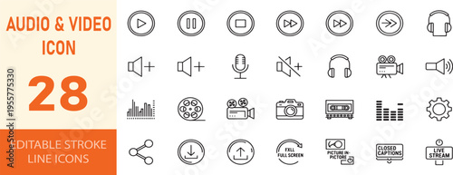 Audio video icons set. music multimedia player symbols. line art vector illustration