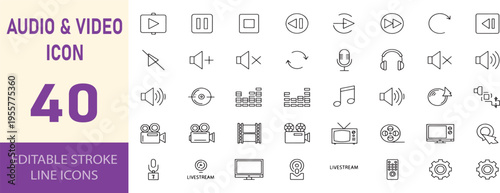 Audio video icons set. music multimedia player symbols. line art vector illustration