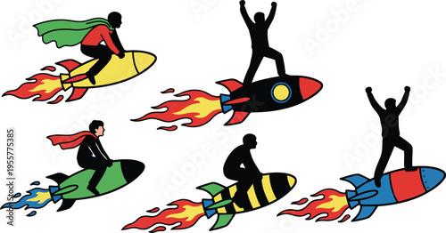 Silhouetted riders on colorful rockets with capes and trailing flames