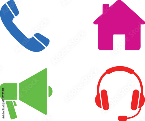 Communication and contact vector icon set with phone, home, megaphone and headset symbols, customer service elements collection isolated on white background.