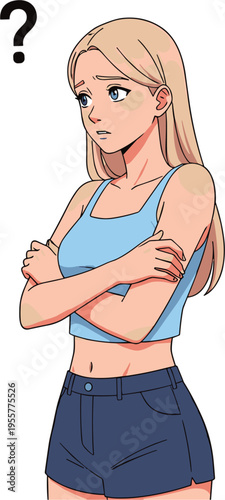 Confused woman vector illustration with question mark, thinking female character with doubtful expression, problem solving and decision making concept isolated on white background.