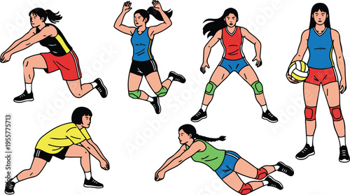 Flat design female volleyball players in six action poses with colored knee pads