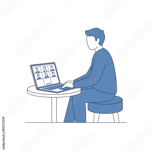 Man participating in online video conference from home, communicating with team