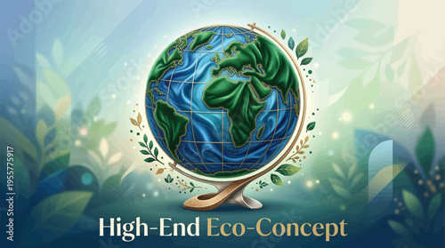 High-End Eco-Concept Vector Illustration: Earth Globe with Green Leaves on a Blue Background