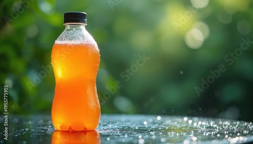 Orange drink in bottle with water drops. Refreshing beverage condensation, outdoors green plants background. Cool thirst quencher for active lifestyle.