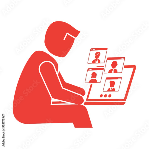 Person working on laptop during video conference call with multiple participants