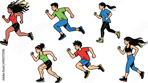 Colorful flat cartoon runners in varied poses showing motion and athletic stride