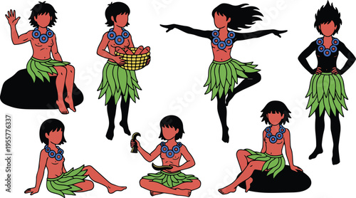 Flat vector hula characters in leaf skirts and lei performing varied dance poses with basket