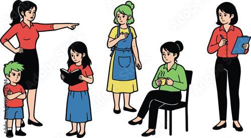 Vector art family confrontation woman pointing at child reader worried apron woman holding hand to chest seated woman with mug