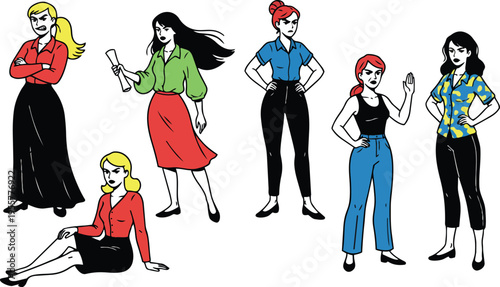 Retro line art six varied women standing and seated with bold colors and confident poses