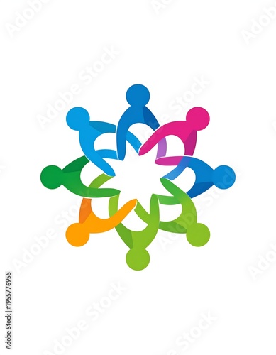 A vibrant, colorful illustration showcasing eight stylized human figures joined in a circle, arms linked, forming a star shape. The background is white